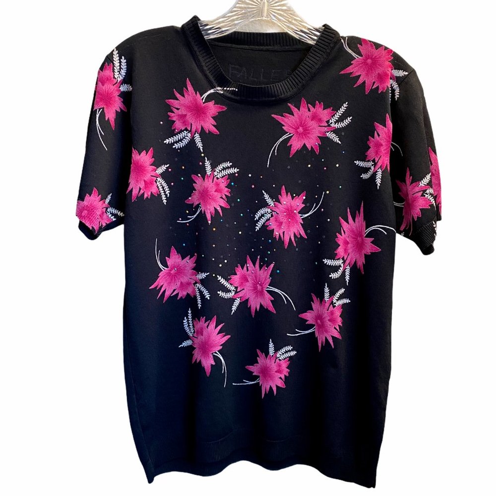 FALLER WOMENS BLACK FLORAL PRINTED TOP T SHIRT